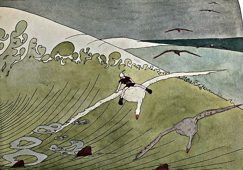 Illustration of a boy flying on a goose, over seals in waves.