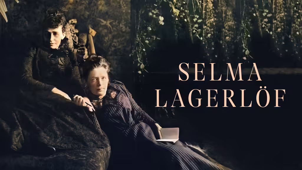Promotional poster featuring an image of two seated women holding hands, beside a text reading "Selma Lagerlöf"