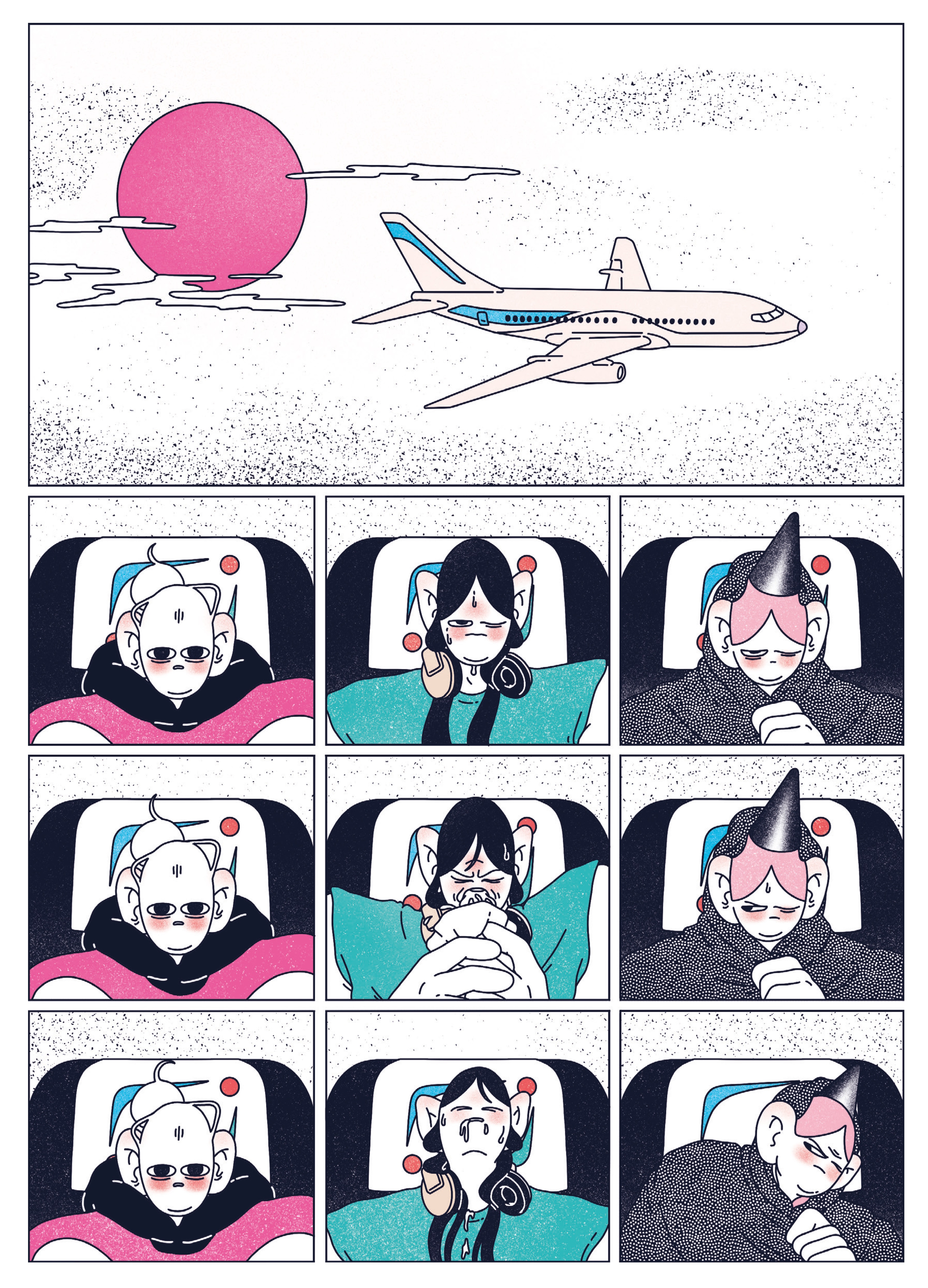 Illustrated images of three characters on a plane