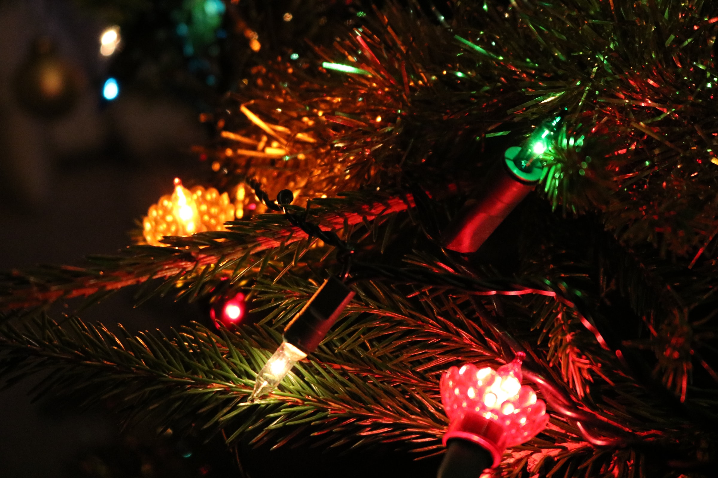 red, yellow and green lights on a Christmas tree