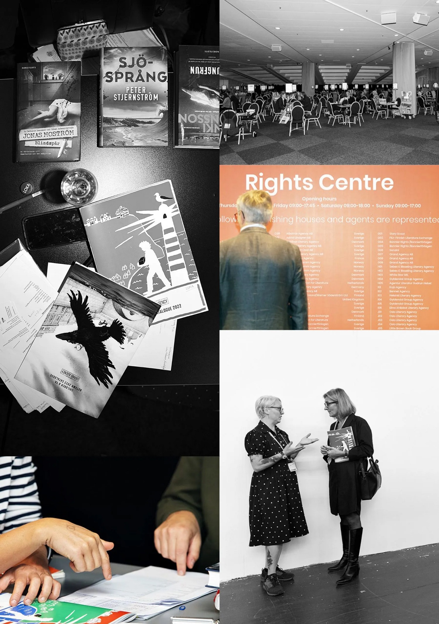 Composite image containing book covers and fair leaflets, the international rights centre, list of agencies and publishers represented in the rights centre, two women talking, fingers pointing at a printed page.