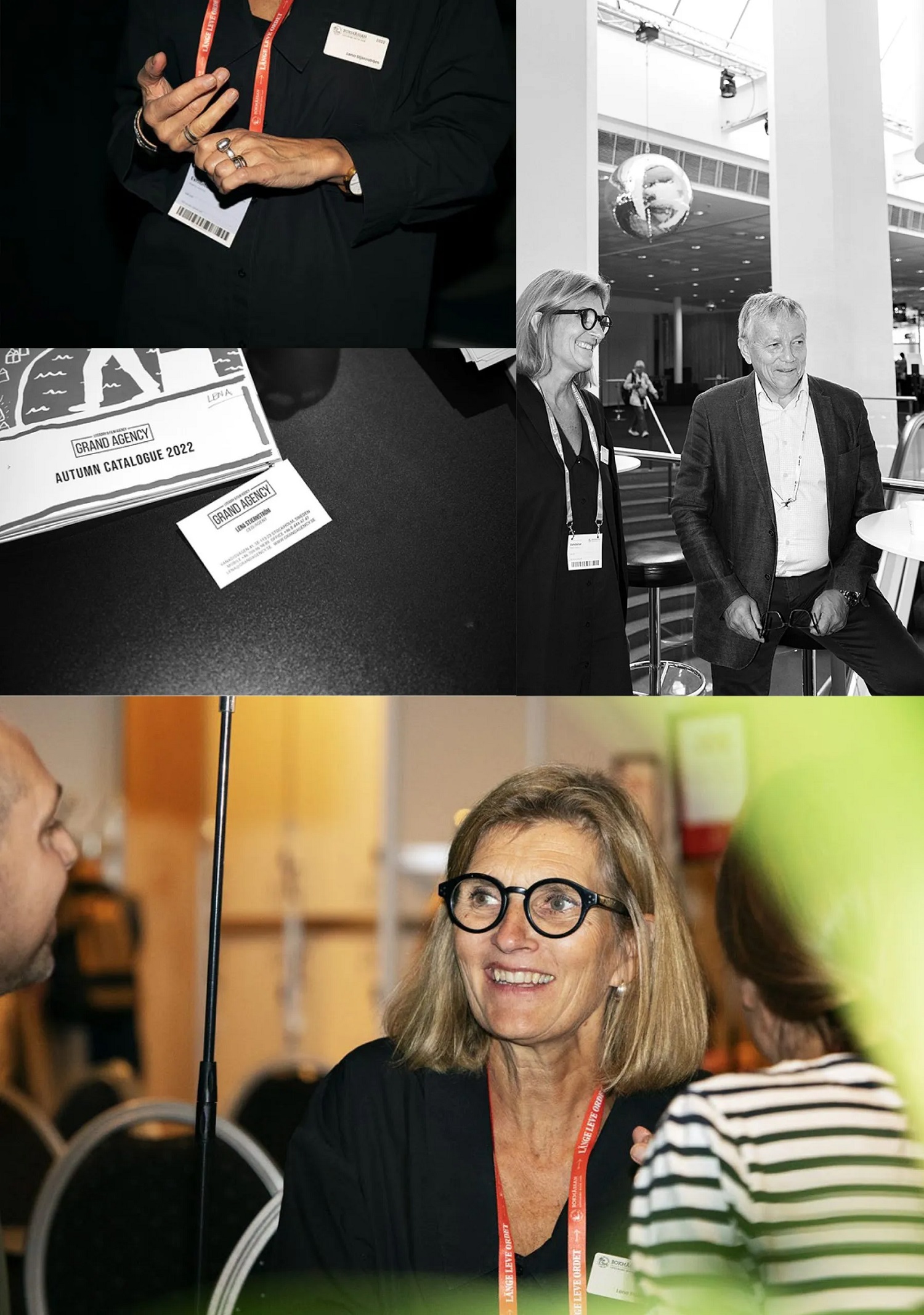 Composite image featuring a man and a woman at a seated meeting, a woman with glasses smiling at a meeting, a business card and hands in front of a book fair lanyard.