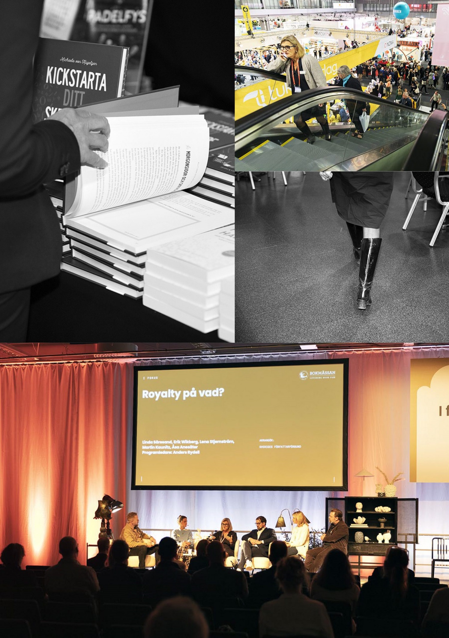 Composite image of woman on escalator at Gothenburg Book Fair, feet walking in shiny boots, a panel discussion at Gothenburg Book Fair, fingers leafing through a book on display.