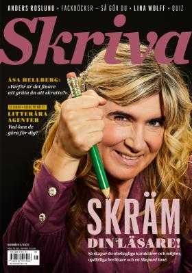 Magazine cover featuring smiling woman holding a foreshortened pencil