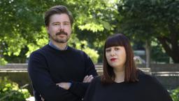 Mira Klingberg Hjort and Karl Martinsson in green space